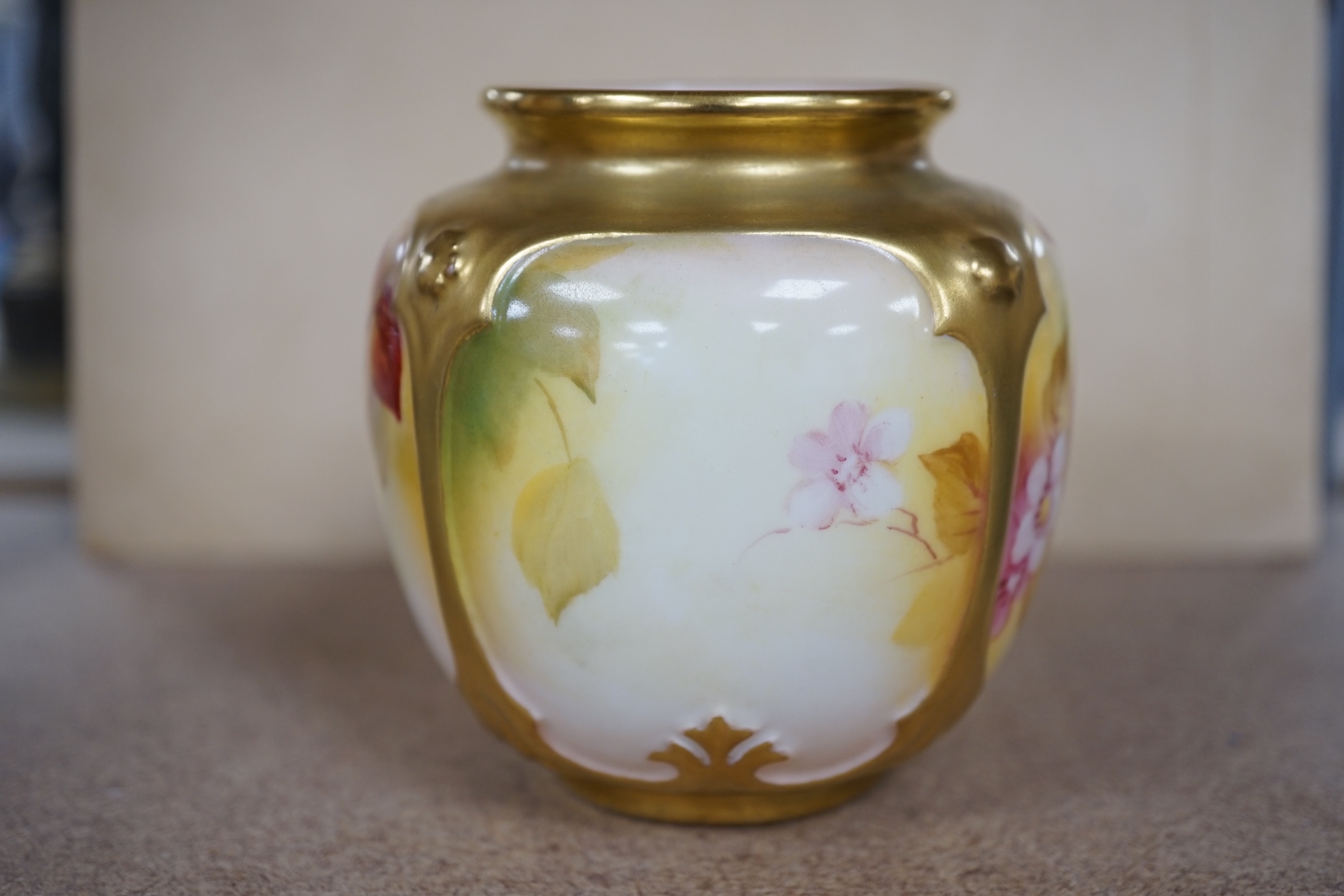 A Royal Worcester ‘Maple’ pot by Kitty Blake, model number 162, 8cm. Condition - good